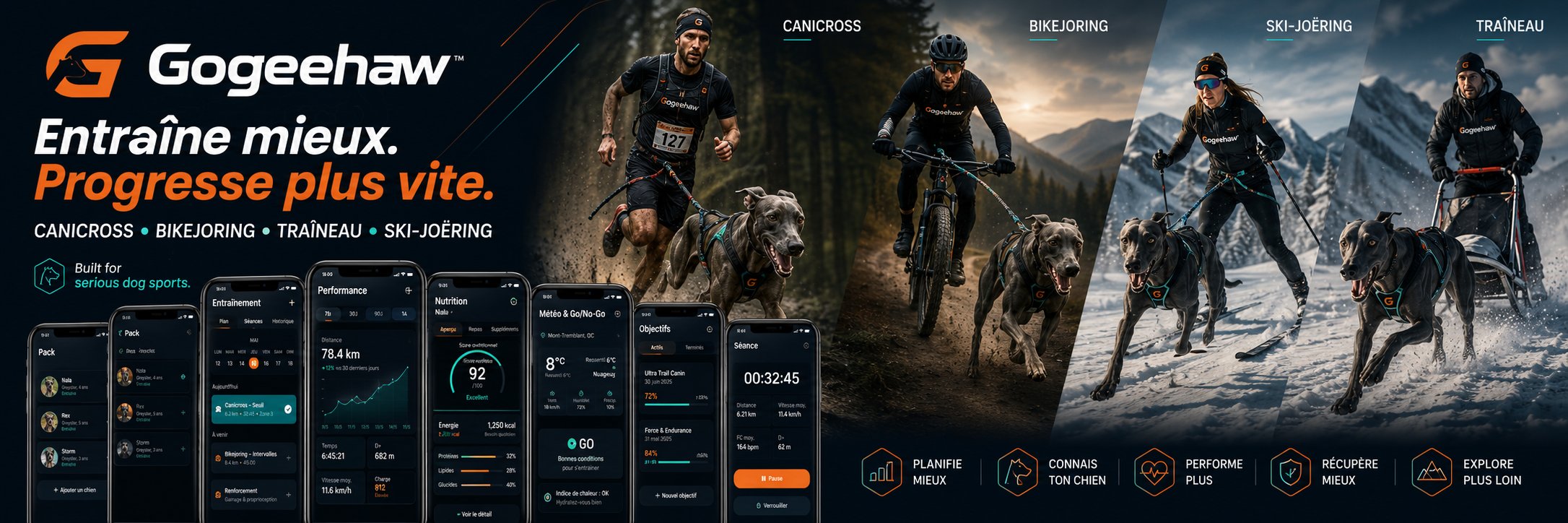 Athlètes canicross, bikejoring, ski-joëring et traîneau avec leurs chiens